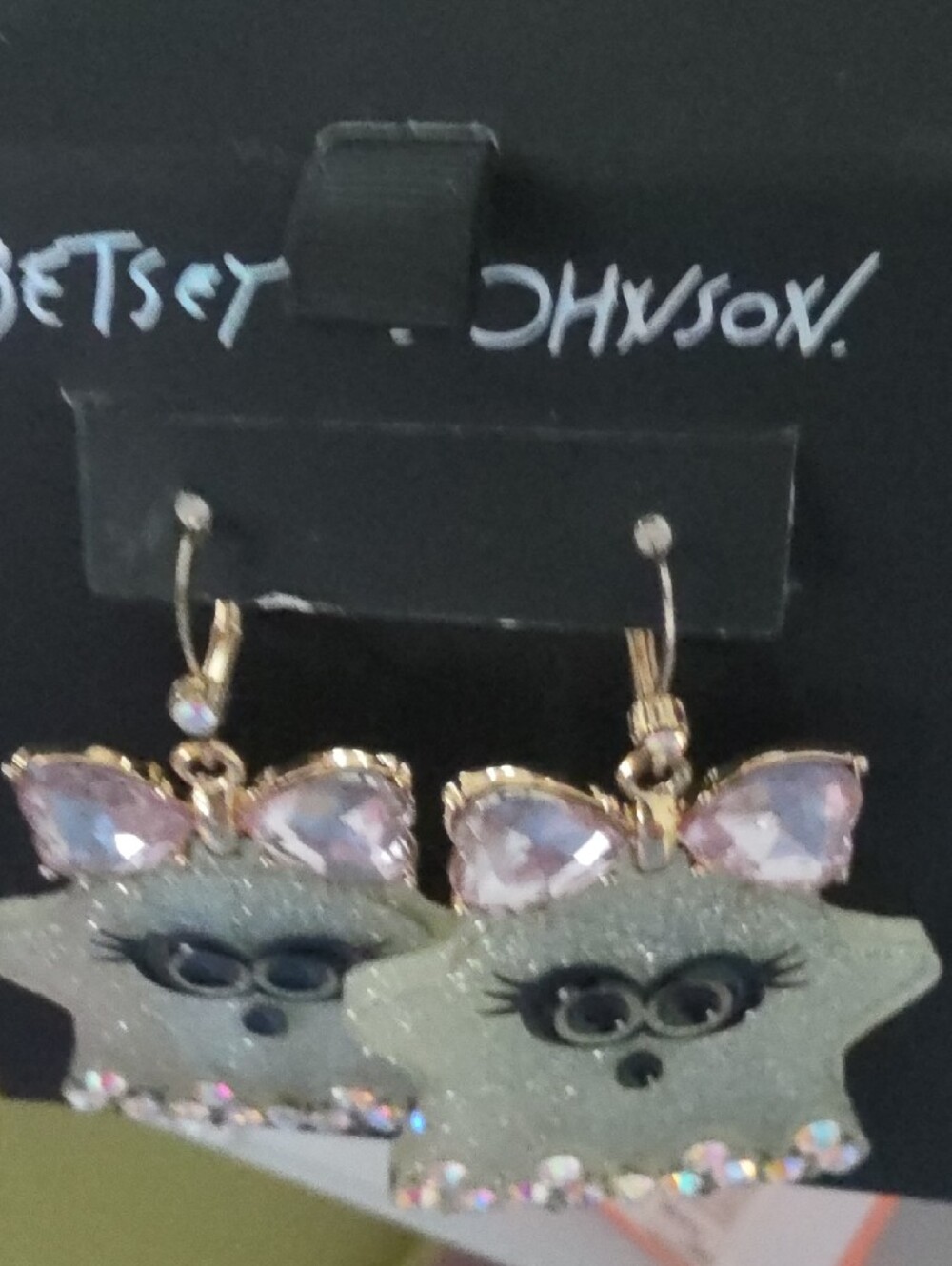 Betsey Johnson Silver Glitter Ghost Earrings with Pink Crystal Tops - Picture 4 of 6
